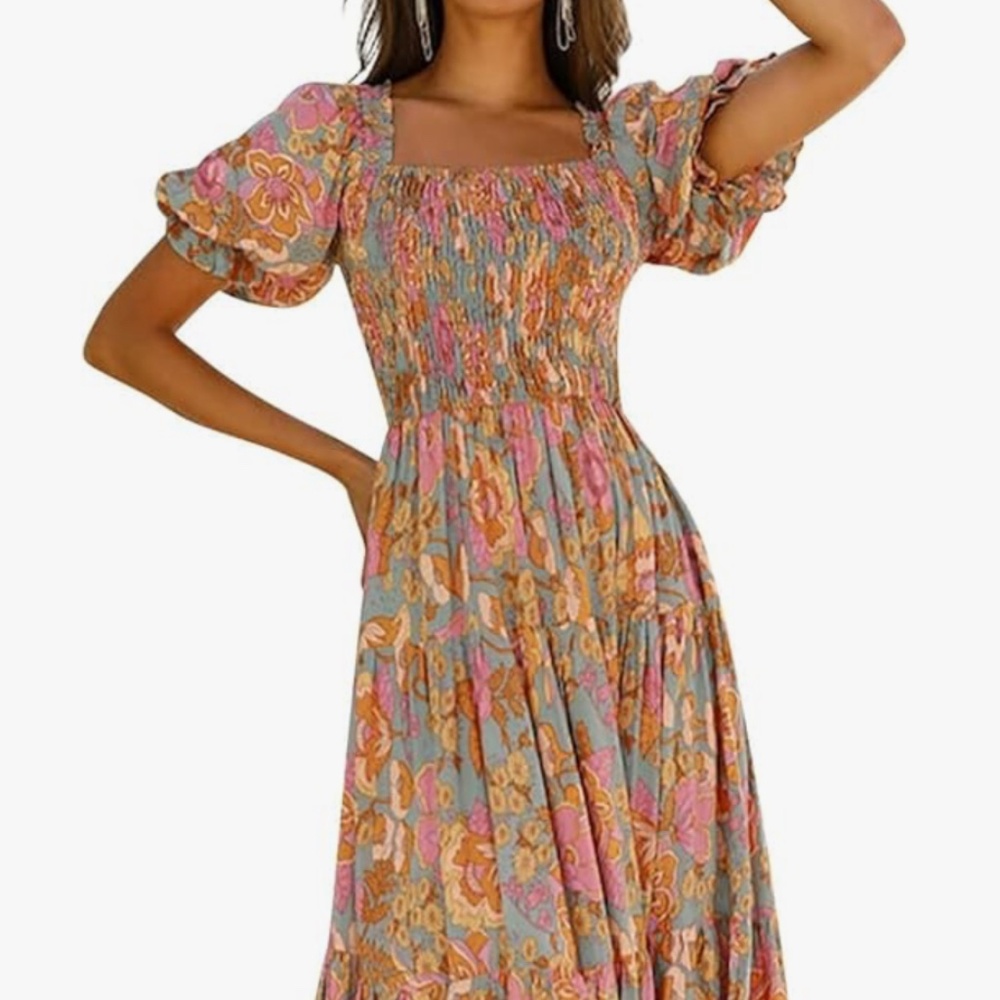 NWT Summer Boho Floral Print Square Neck Smocked Bodice Maxi